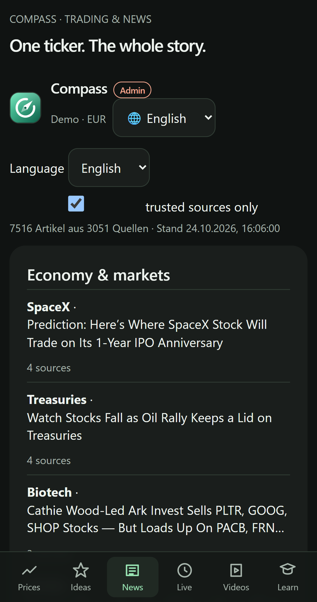 Compass app showing international news and top stories